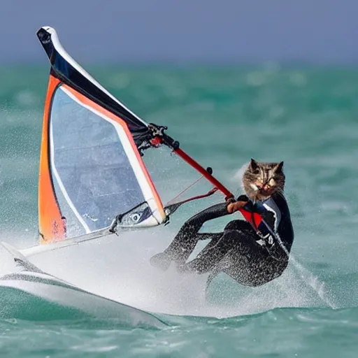 Prompt: A ragdoll cat windsurfing