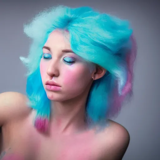 Prompt: a melanchonic photo of a beautiful young woman with cotton candy hair. with a little bit of cyan and pink