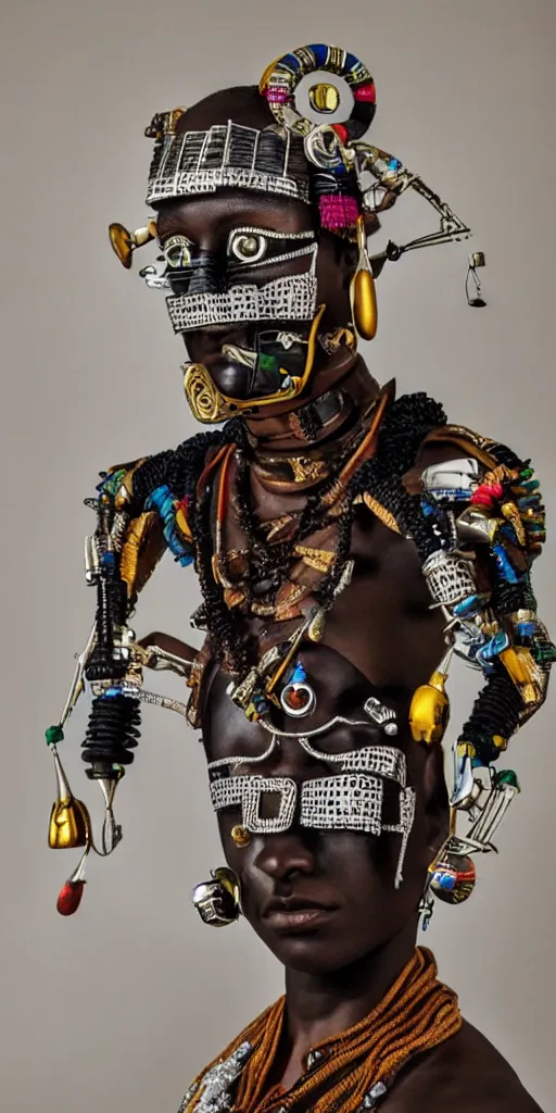 Image similar to a beautiful cyborg made of african ceremonial maske