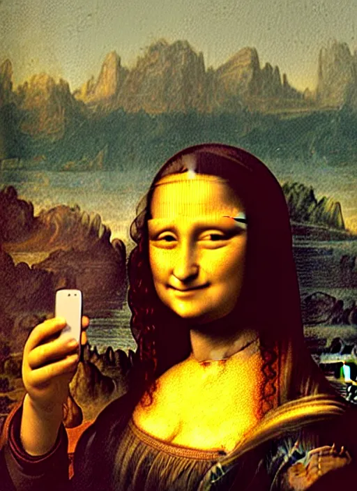 Prompt: framed oil painting of Mona Lisa holding up an iPhone to take a selfie by Leonardo Da Vinci