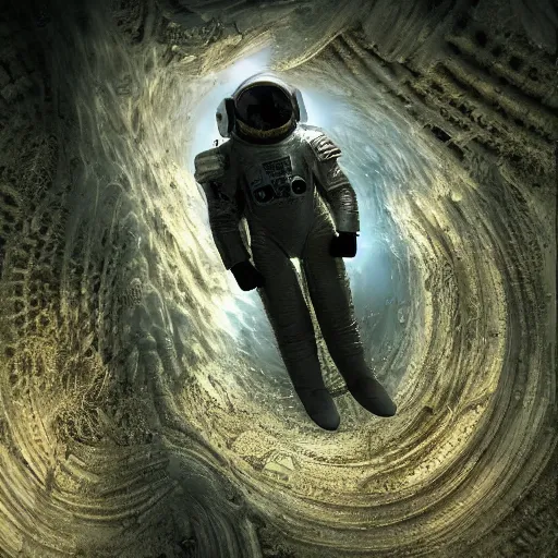 Image similar to concept art by craig mullins astronaut in futuristic dark and empty spaceship underwater. infrared complex and hyperdetailed technical suit. mandelbulb fractal. reflection and dispersion materials. rays and dispersion of light. volumetric light. 5 0 mm, f / 3 2. noise film photo. flash photography. unreal engine 4, octane render. interstellar movie art