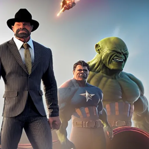 Image similar to a promotional screenshot of Joe Fixit Grey Hulk wearing a pinstripe suit and fedora appearing in Avengers: Infinity War