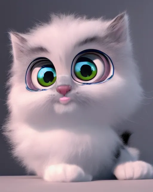 Image similar to cute fluffy kitten with very big eyes, pixar character, octane render, very detailed