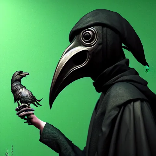 Prompt: portrait of a cute feminine plague doctor, side angle, green background, raven mask, stunning 3 d render inspired art by greg rutkowski and xiang duan and thomas eakes, realistic, highly detailed attributes and atmosphere, dim volumetric cinematic lighting, 8 k octane detailed render, post - processing, masterpiece, soft vignette, vibrant colors