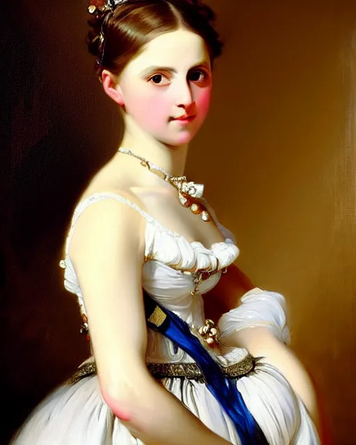 Image similar to beautiful painting of a young german princess with short hair by franz xaver winterhalter, full body painting, oil on canvas, romanticism, intricate details, highly detailed, 1 8 4 0 s style painitngs