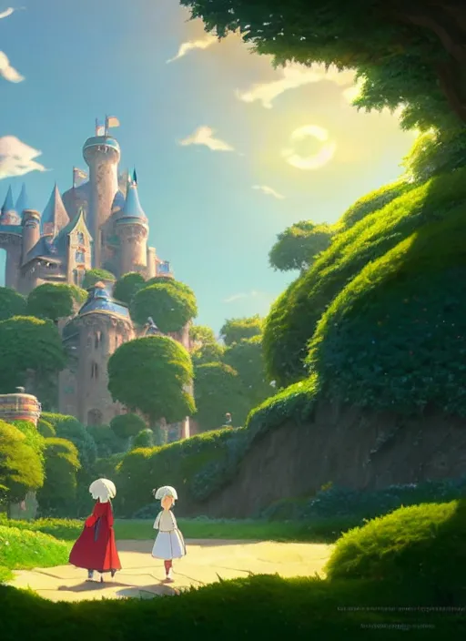 Image similar to a wholesome animation key shot, castle in the background, foliage in the foreground, studio ghibli, pixar and disney animation, sharp, rendered in unreal engine 5, anime key art by greg rutkowski, bloom, dramatic lighting