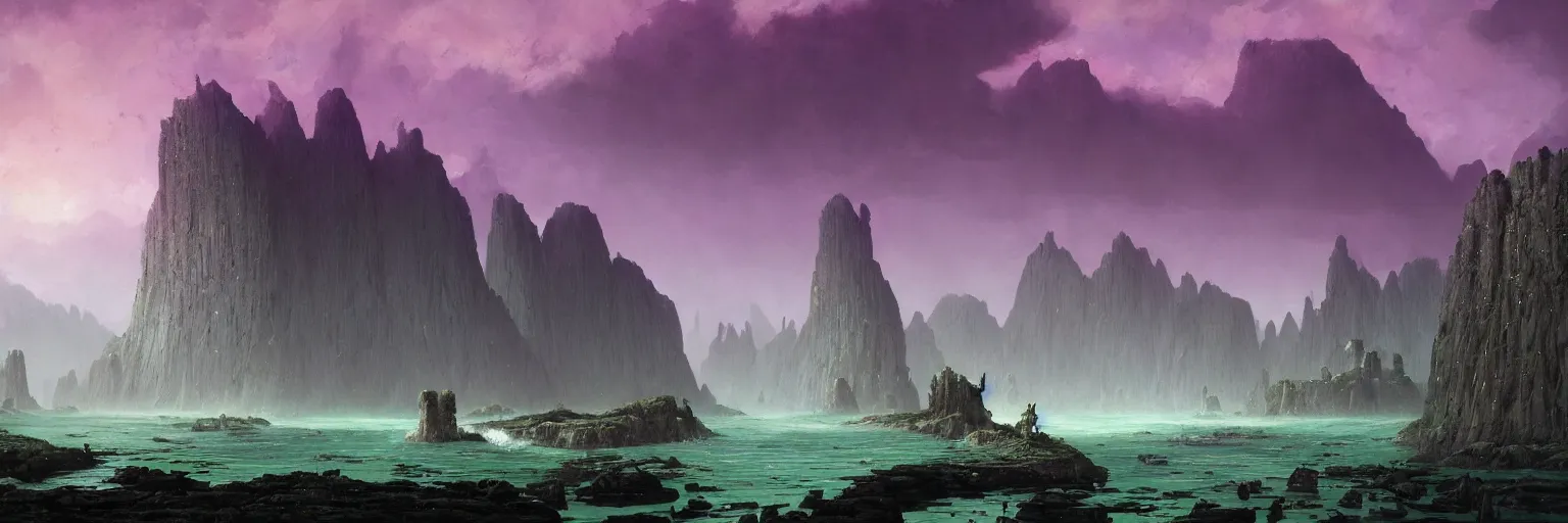 Image similar to a very tall and huge wall made of metal in the middle of nowhere near water and rocks with mountains behind it and dramatic green and purple sky, by Wayne Barlowe, by Simon Stalenhag, by Bruce Pennington, by Greg Rutkowski, masterpiece, oil on canvas, trending on artstation, featured on pixiv, cinematic composition, epic scene, dramatic lighting, explosions in the sky, no frames, 8K