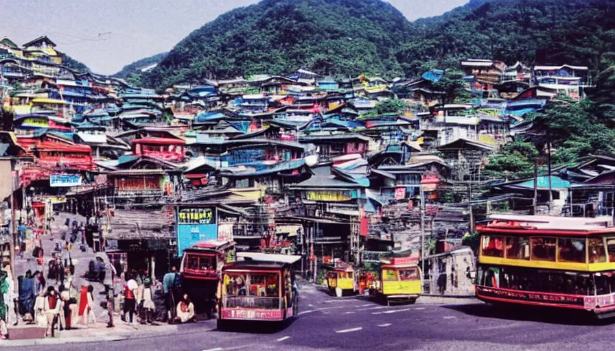 Prompt: A 1980s Japanese advertisement for a futuristic dream mountain town eco city themed like Jiufen, cable cars, flying cars, escalators, colorful