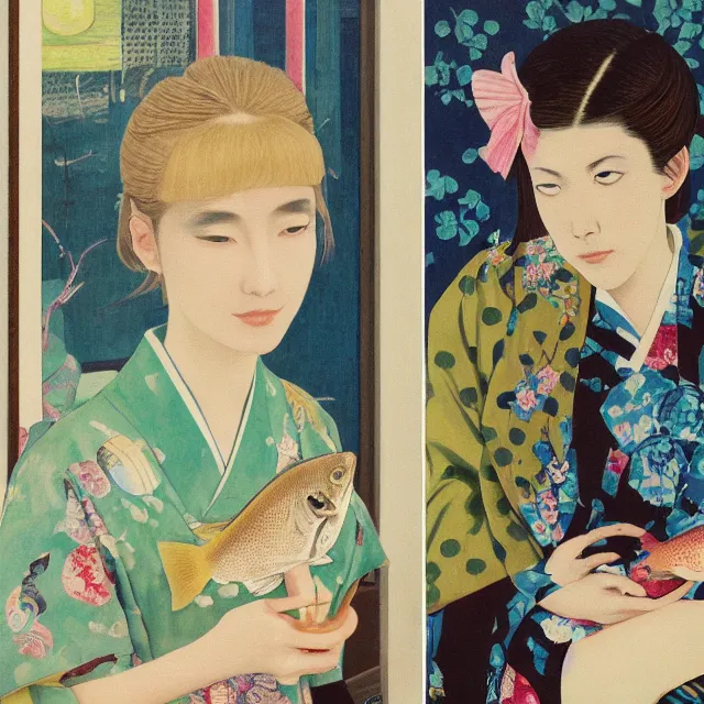 Image similar to tall emo female artist holding small portraits and fish on a train, wearing a kimono, on yamanote line in japan, tokyo station, summer, sweat, ice coffee, pigs, octopus, acrylic on canvas, surrealist, by magritte and monet