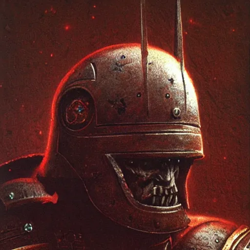 Image similar to space marine in dark plated armor concept, wearing ancient war helm, beksinski