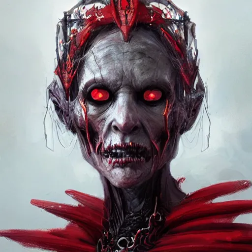 Image similar to a beautiful portrait of a creepy ancient elderly necromancer queen, embers, skeletal, red-fabric, red-eyes, grey-skin, by Greg Rutkowski and Raymond Swanland, Trending on Artstation, ultra realistic digital art