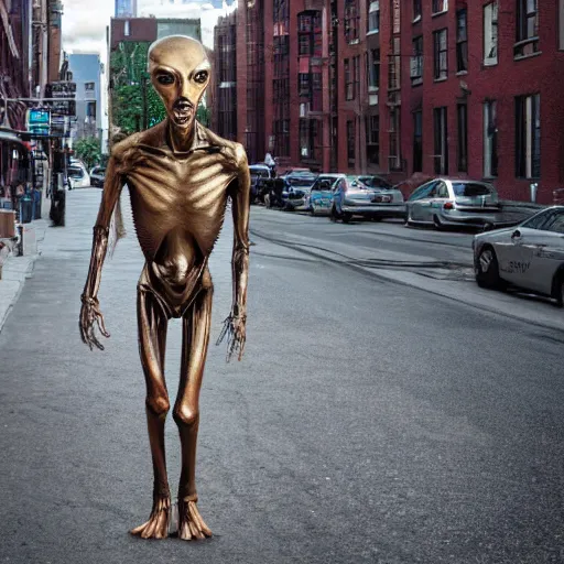 Image similar to an 8 k super hi res hdr realistic humanoid alien walking down a street in brooklyn