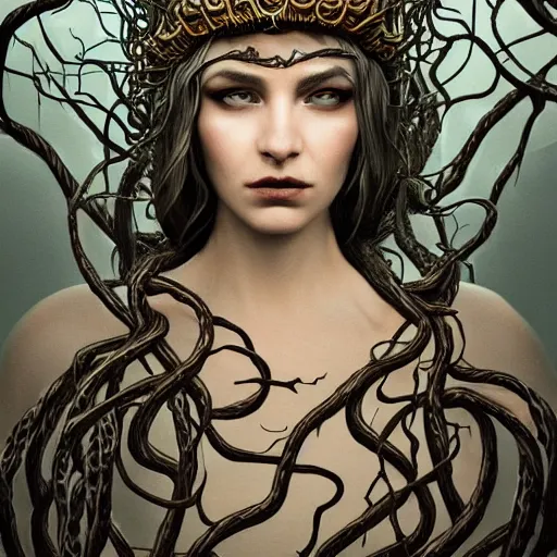 Image similar to dramatic portrait of the dark goddess of snakes, wearing a crown of thorned vines, blue skin, wrapped in snakes, realism, dark fantasy illustration, surrounded by twisting forest, dynamic lighting, detailed textures, octane render, artstation