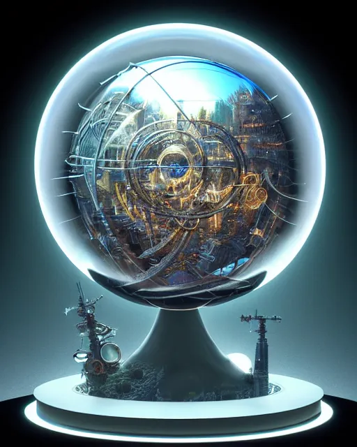 Prompt: futuristic glass armillary sphere, sci - fi, silver, metallic reflection, mechanical parts, intricate, highly detailed, complex 3 d render by simon stalenhag, thomas kinkade, greg rutkowski, craig mullins, ray tracing, unreal engine, blender, sharp focus, luminous, glass, ray of lights, fractal crystal, art by craig mullins n 9