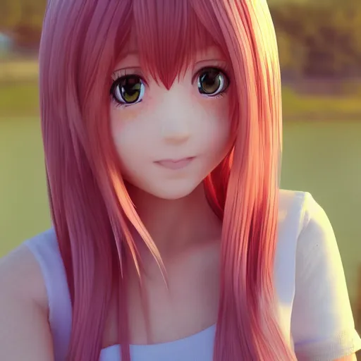 Image similar to Selfie render of a cute 3d anime girl, long pink hair, full bangs, hazel eyes, cute freckles, soft smile, golden hour, beach setting, medium shot, mid-shot, trending on Artstation,