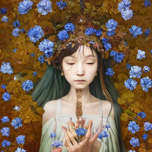 Image similar to breathtaking detailed concept art painting of the goddess of nemophila flowers, orthodox saint, with anxious, piercing eyes, ornate background, amalgamation of leaves and flowers, by Hsiao-Ron Cheng, James jean, Miho Hirano, Hayao Miyazaki, extremely moody lighting, 8K