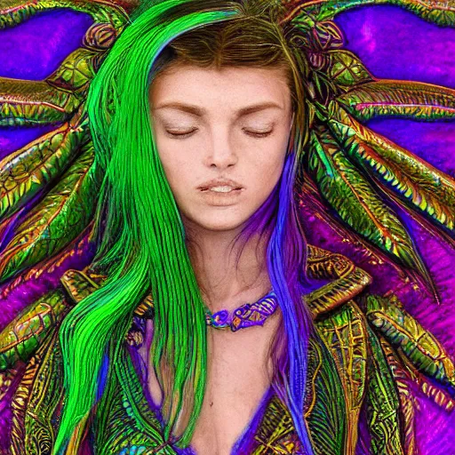 Prompt: brown woman wearing a shiny dragonfly armor. dragon fly wings for hair. green, blue, and purple sheen. intricate. super detailed. layered. textured. award winning. dispersion of light. refracted lighting. soft. fragile.