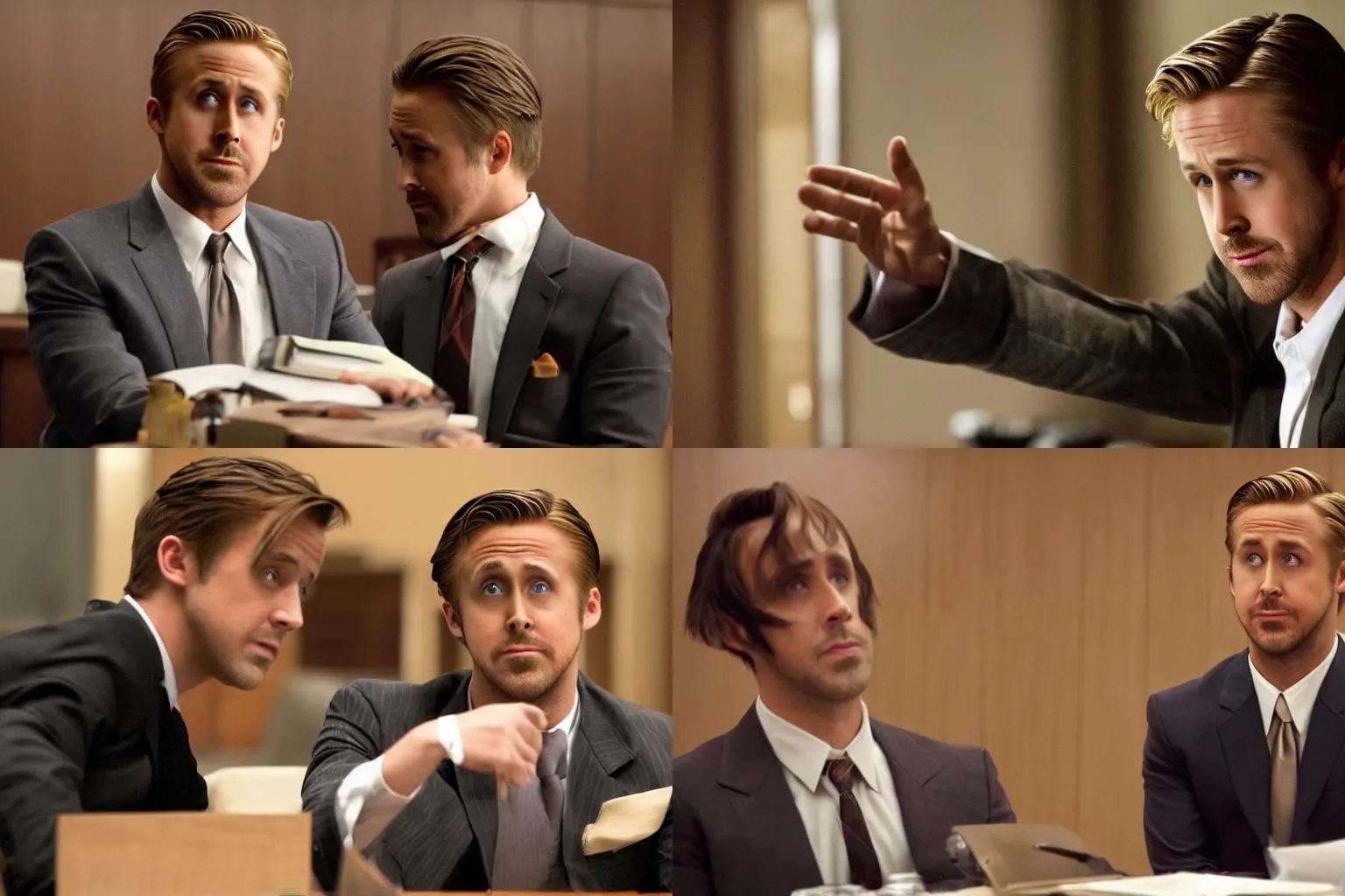 Prompt: Ryan Gosling playing Phoenix Wright in a live action adaptation of Ace Attorney, film still, courtroom scene,