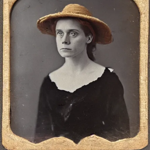 Prompt: a late 1 9 th century, 3 0 years old, austro - hungarian, sullen old maid ( redhead, tight bun, tight bun, straw hat decorated with too big flowers, looks a like amy adams mixed with anne - marie duff, but not pretty, as a strict school teacher ), daguerreotype by emil rabending