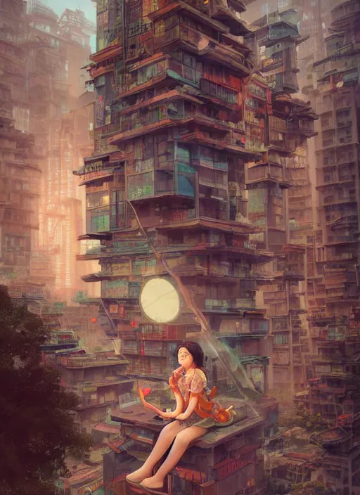 Image similar to breathtaking detailed painting of a giant woman sitting on a miniature city, Atari game cover art by Hsiao-Ron Cheng, James jean, Miho Hirano, Hayao Miyazaki, extremely moody lighting, hyperrealistic, octane render, RPG portrait, ambient light, dynamic lighting