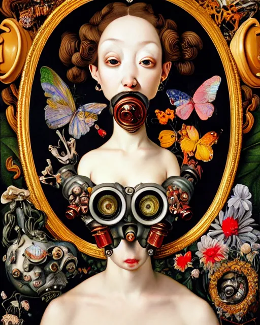 Prompt: a maximalist biomorphic portrait with with large eyes, expressive, wearing a botanical gas mask, baroque, by ayami kojima, mark ryden, caravaggio and arcimboldo, surrealism by dali, hauntingly surreal, statue, high fashion, focus on head, soft light, 4 k, octane high quality render