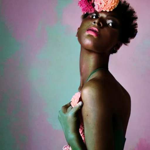 Prompt: editorial photography, lighting, beautiful black woman, pastel tones, painterly, nostalgic, vintage, realistic, vogue