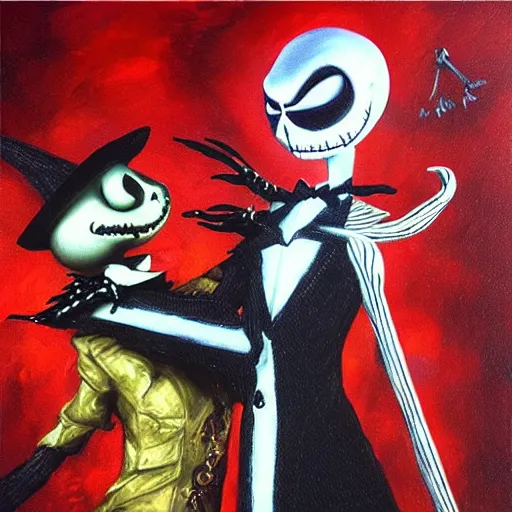 Image similar to “ a nightmare before christmas, jack skellington dances with sally, dystopian desert christmas, award winning, in the style of paul bonner, oil on canvas. ”