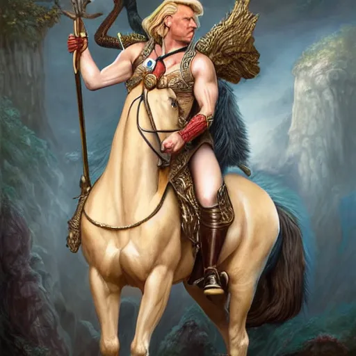 Image similar to a detailed fantasy character portrait of Donald Trump as a Centaur king of arts by lauri blank, artgerm, evelyn de morgan, 8K, 50mm lens