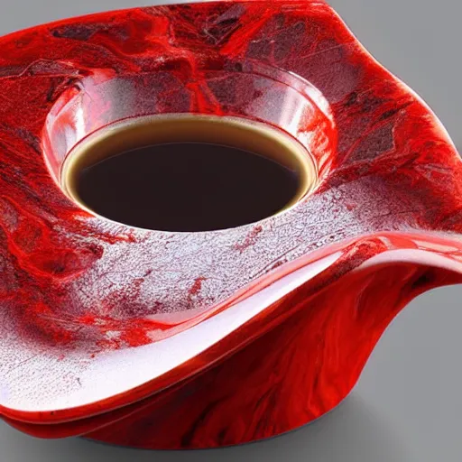 Image similar to a red shaded marble sculpture of leaf textured coffee cup by Zaha Hadid , 3d architecture, masterpiece