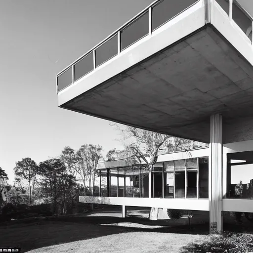 Image similar to second story elevated white brutalist home perched atop 2 equidistant separated large piers, double cantilevered design, large windows, elegant, white stone, proportion, golden ratio, epic composition, steel window mullions, cars parked underneath