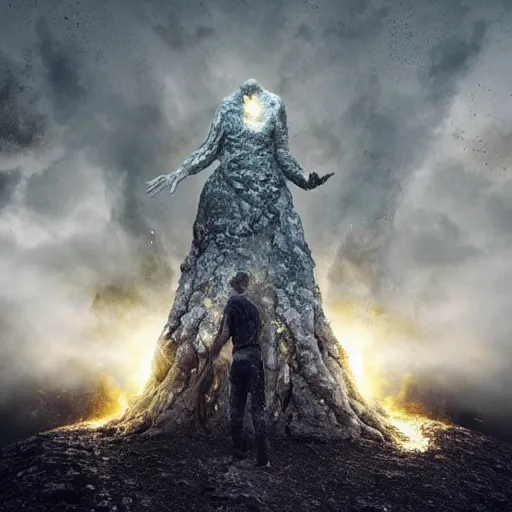 Prompt: Editorial Masterpiece extremely realistic Legendary elemental High Orders Nephilim Virtues figure infused with coalesced crystalline fire by Erik Johansson, perfect light