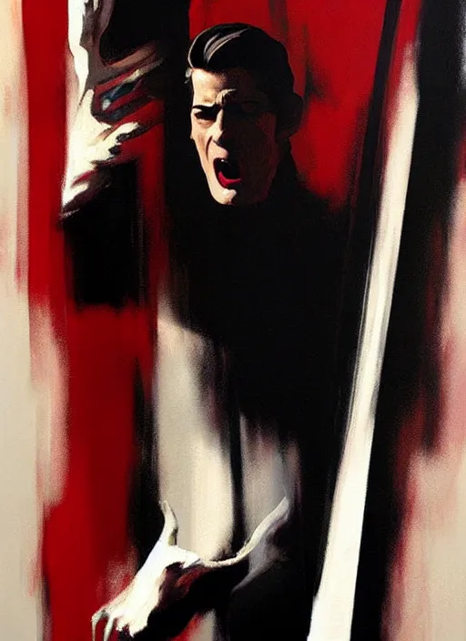 Image similar to dale cooper doppelganger, screaming, WHITE EYES! red curtains, painting by phil hale, 'action lines'!!!, graphic style, visible brushstrokes, motion blur, blurry