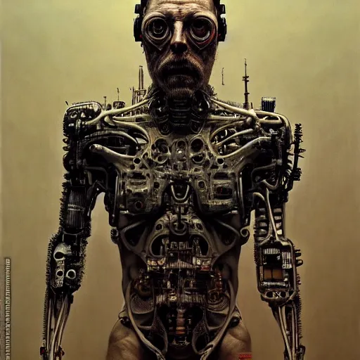 Image similar to ultra realist intricate detailed horror painting of a single rugged cyborg male, bearded face and cyborg tech on body and legs, symmetry accurate features, cyberpunk, industrial, apocalyptic, very intricate details, focus, high resolution, 8 k resolution, dramatic lighting, artstyle alex ries and zdzisław beksinski, award winning