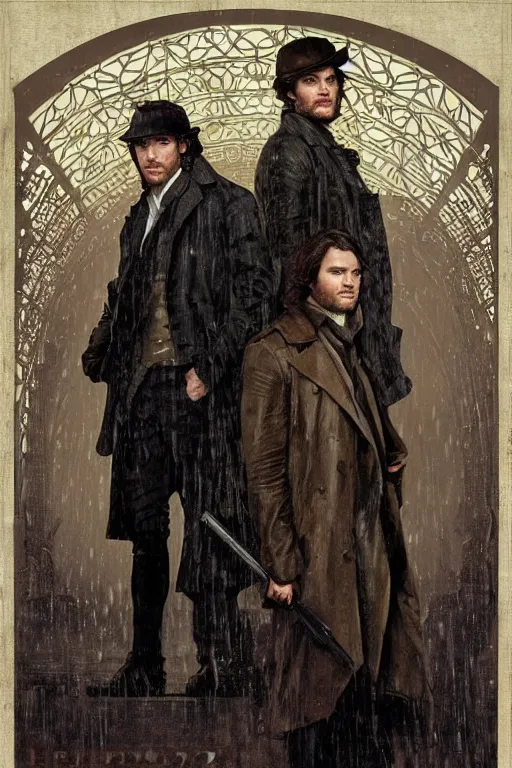 Image similar to a detailed matte portrait of jensen ackles and jared padalecki in a supernatural sherlock holmes story, 1 8 th century london in the rain, city streets, ominous, masterpiece, 8 k, art by alphonse mucha and greg rutkowski