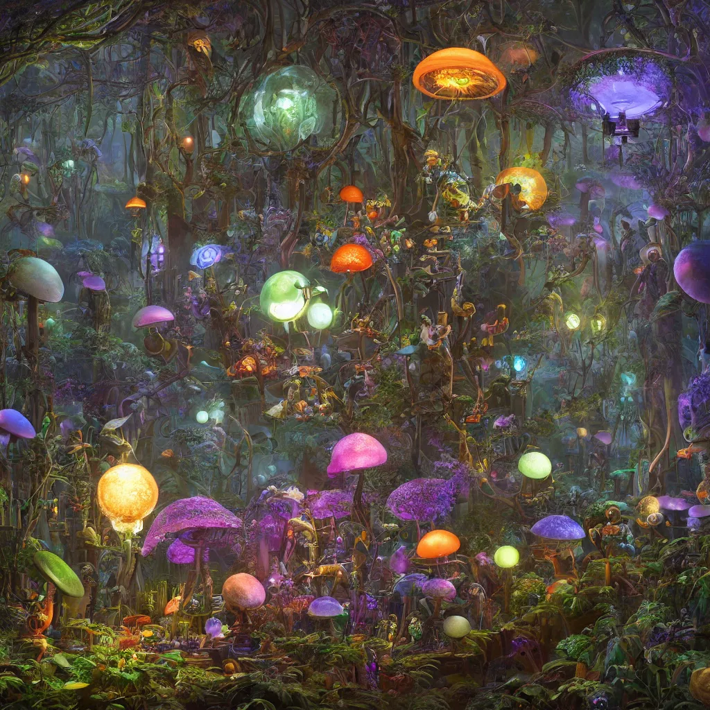 Image similar to victorian robots and bioluminous mushrooms growing in a spheroid forest, 3d render, nightlight Study, by Jan Davidsz de Heem and Lisa Frank, Art Nouveau, 8k, extreme detail, sharp focus, cinema 4d render