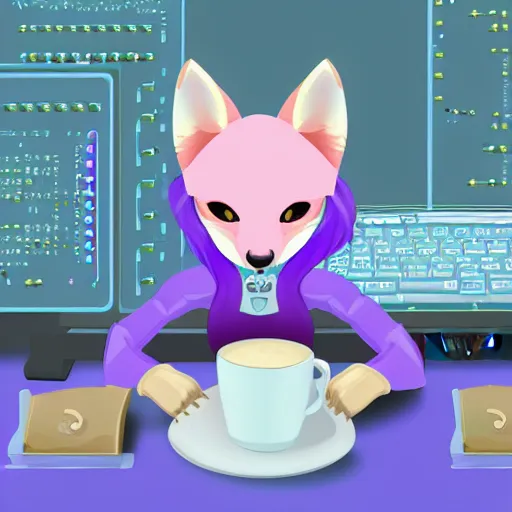 Image similar to Vixus is a light-pink anthropomorphic fox with purple hair and pierced ears. She is hacking a computer. A cup of steaming coffee sits on her desk. Side perspective. Digital art.