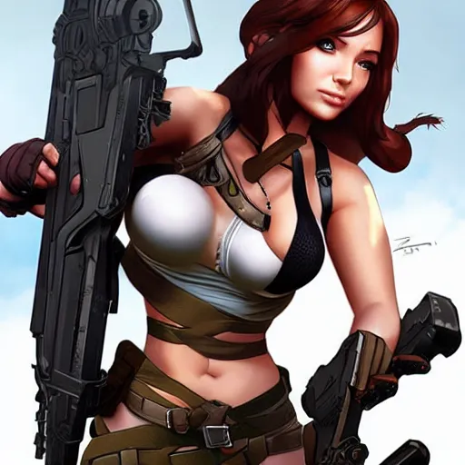 Prompt: concept art illustration of christina hendricks as lara croft anime protagonist, art by artgerm and rosstran