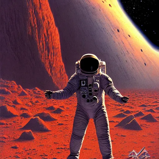 Prompt: astronaut exploring a strange surface of another planet, astronat sees signs of ancient civilization, ultra high definition, ultra detailed, symmetry, sci - fi, dark fantasy, by wayne barlowe