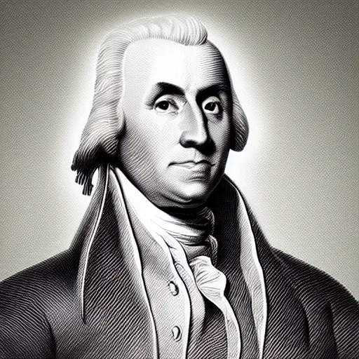 Image similar to “ unreal engine 5 render of a founding father with the declaration of independence with lasers coming out of the clouds, digital art ”