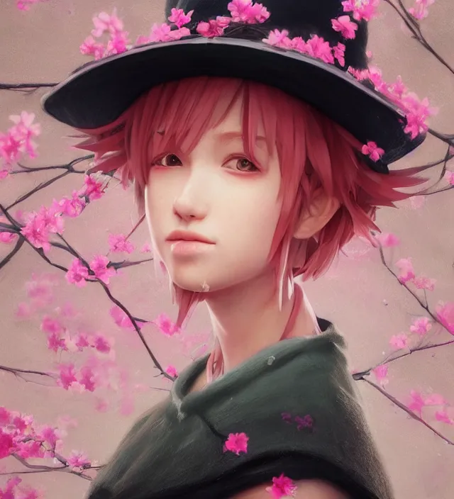 Image similar to a portrait of a female wearing a hat with sakura on top, hyper detailed, digital art, trending in artstation, cinematic lighting, studio quality, smooth render, unreal engine 5 rendered, octane rendered, art style by klimt and nixeu and ian sprigger and wlop and krenz cushart