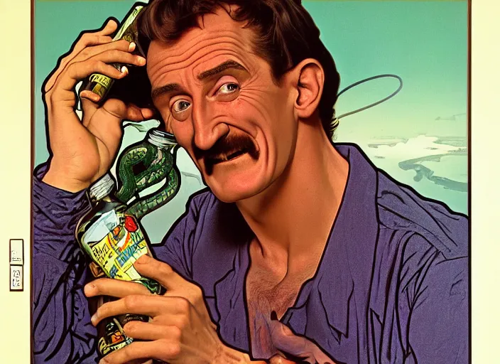 Image similar to barry chuckle drinking a bottle of snake oil, snake oil advertisement from 1 9 8 8, artwork by alphonse mucha and richard corben, 3 d, high resolution 8 k