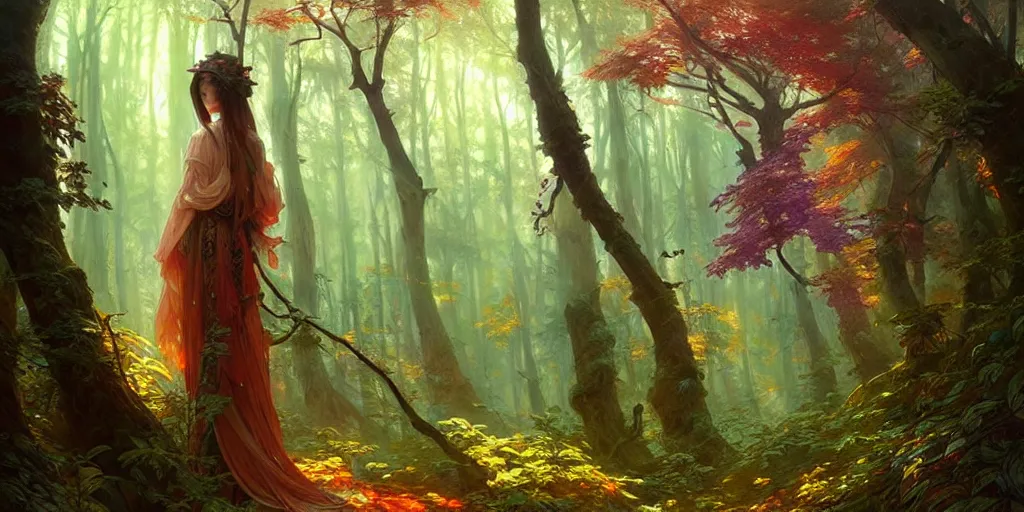 Image similar to a beautiful illustration of a mystic colourful forest, intricate, sharp focus, illustration, highly detailed, digital painting, concept art, matte, art by wlop and artgerm and greg rutkowski and alphonse mucha, masterpiece