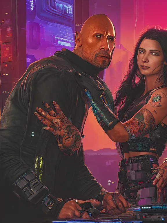 Prompt: a cyberpunk 2077 coupleportrait of Dwayne Johnson holding a female android,complex mess of cables and wires behind them connected to giant computer,love,film lighting,by laurie greasley,Greg Hildebrandt,Donato Giancola,William Morris,Dan Mumford,trending on atrstation,full of color,face enhance,highly detailed,8K, octane,golden ratio,cinematic lighting