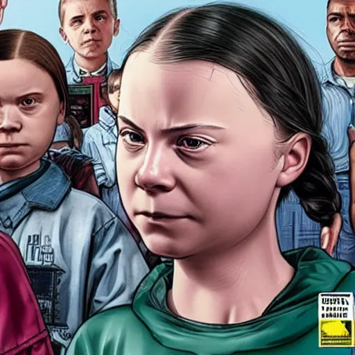 Prompt: Greta Thunberg on the cover of GTA