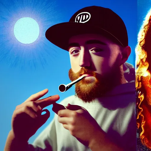 Image similar to a ultra detail picture portrait of Mac Miller and Jesus smoking a joint in heaven, 8k, photorealistic