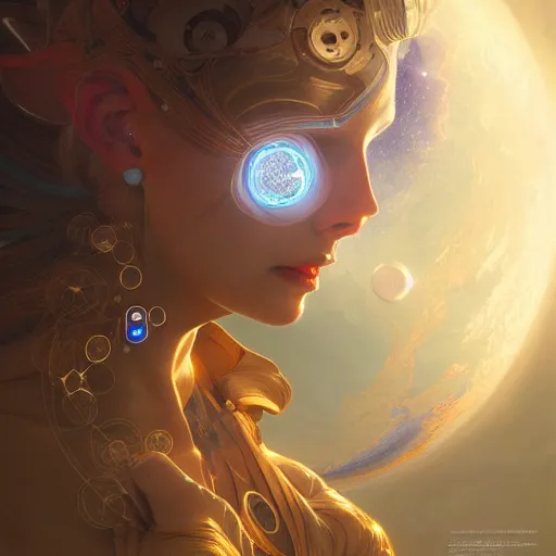Image similar to an anthropomorphic artificial intelligence floating in universe, female, machine, intricate, highly detailed, digital painting, artstation, concept art, smooth, sharp focus, illustration, unreal engine 5, 8 k, art by artgerm and greg rutkowski and alphonse mucha