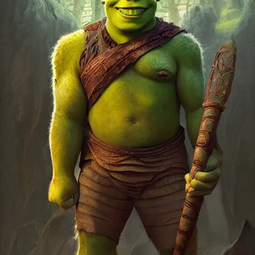 Image similar to shrek as an ancient mythological warrior deity, epic fantasy illustration, portrait, by greg rutkowski