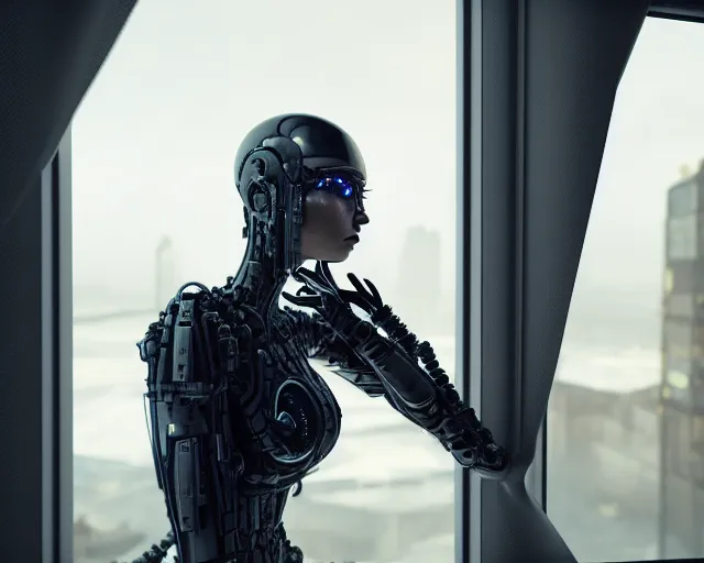 Image similar to portrait of an armored female with biomechanical cybernetic body who is drinking coffee near a window looking outside with dystopian city visible outside. very detailed 8 k. cyberpunk fantasy style. unreal engine render. global illumination. nanite. rtx. path tracing.