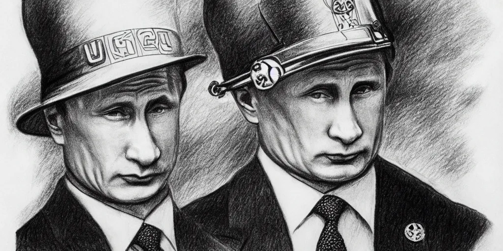 Image similar to vladimir putin wearing a nuclear mushroom cloud blast for a hat, cartoonish, ultra detailed pencil drawing