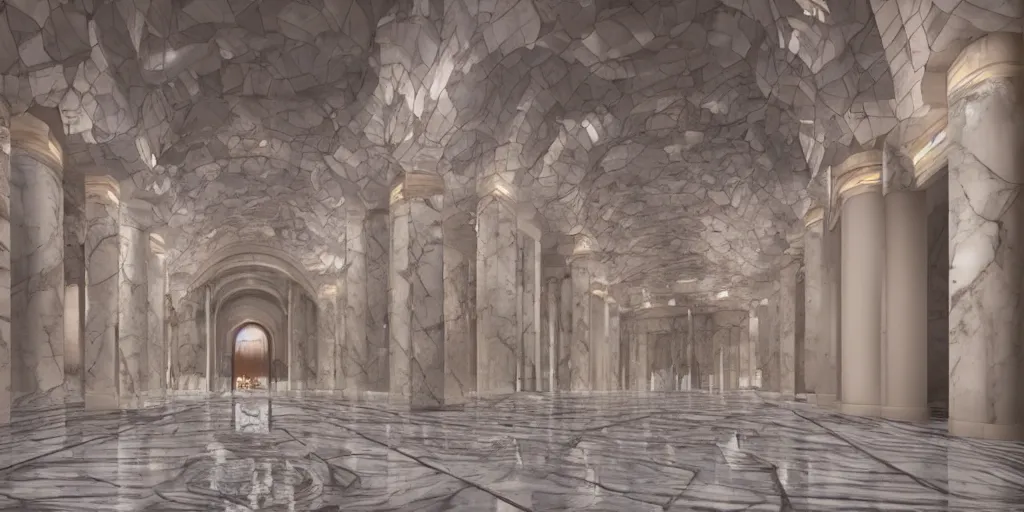 Image similar to the grand magical entrance, matte marble floors, art by kotaro chiba, volumetric lighting, epic composition